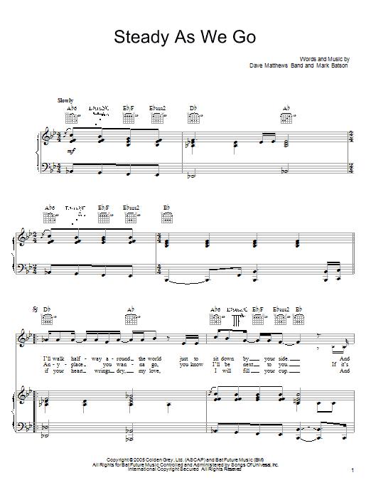 Dave Matthews Band Steady As We Go sheet music notes and chords arranged for Piano, Vocal & Guitar Chords (Right-Hand Melody)