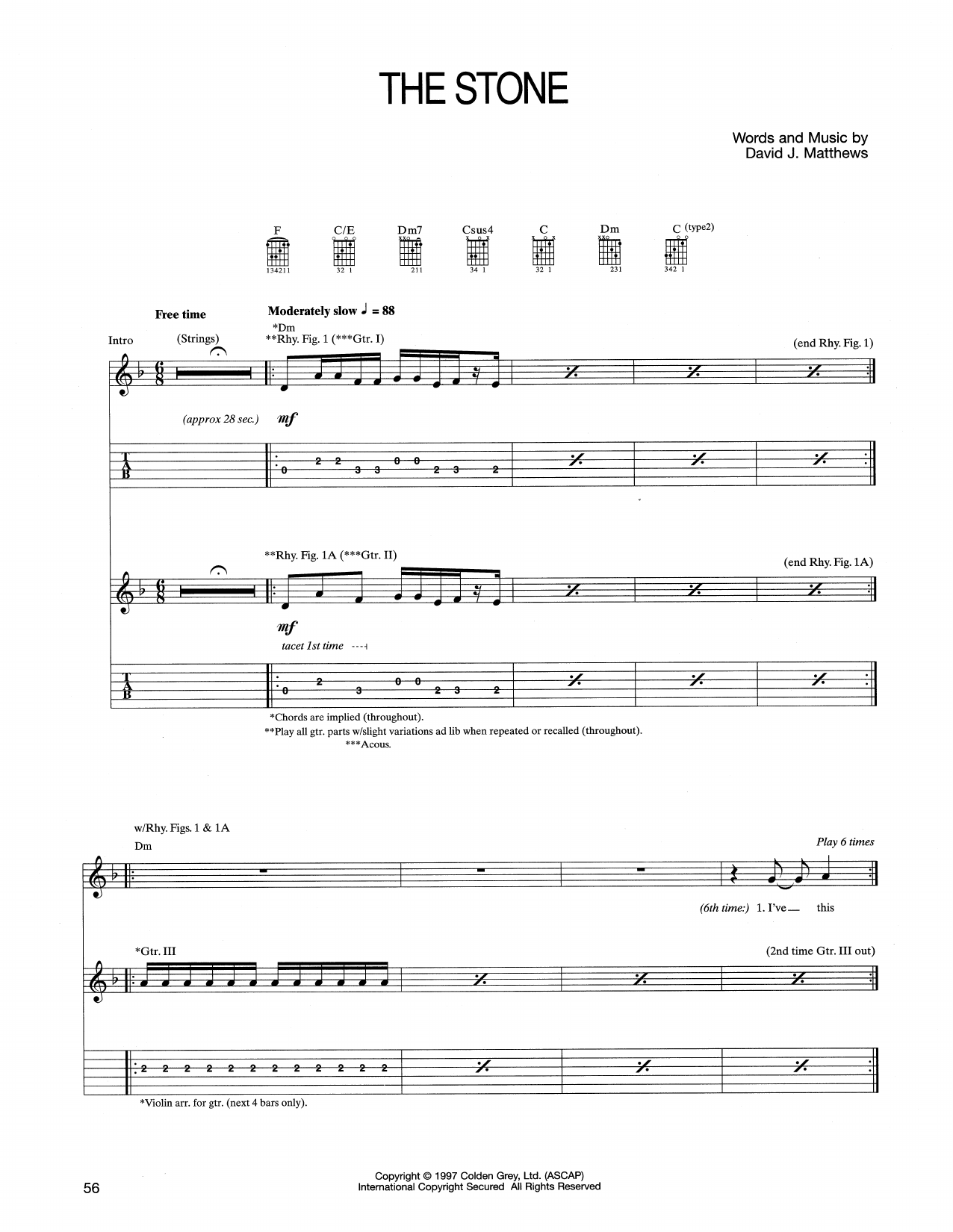 Dave Matthews Band The Stone sheet music notes and chords arranged for Guitar Tab