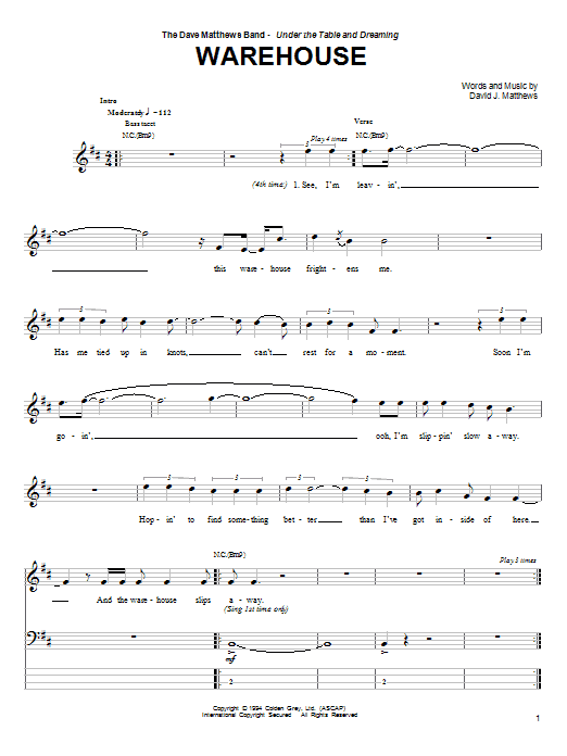 Dave Matthews Band Warehouse sheet music notes and chords arranged for Piano, Vocal & Guitar Chords (Right-Hand Melody)