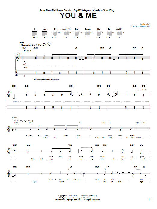 Dave Matthews Band You & Me sheet music notes and chords arranged for Piano, Vocal & Guitar Chords (Right-Hand Melody)
