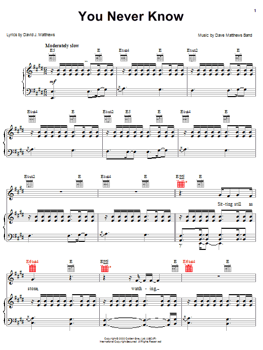 Dave Matthews Band You Never Know sheet music notes and chords arranged for Piano, Vocal & Guitar Chords (Right-Hand Melody)