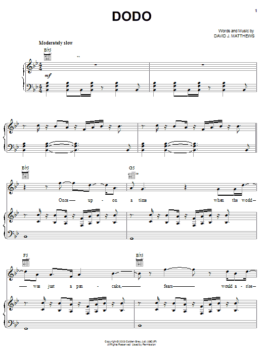Dave Matthews Dodo sheet music notes and chords arranged for Piano, Vocal & Guitar Chords (Right-Hand Melody)