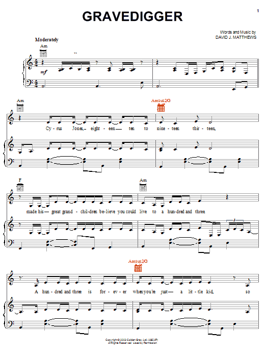 Dave Matthews Gravedigger sheet music notes and chords arranged for Piano, Vocal & Guitar Chords (Right-Hand Melody)