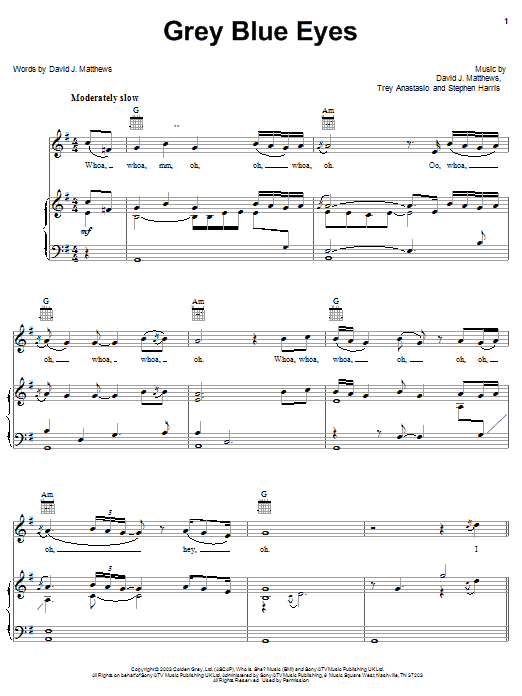 Dave Matthews Grey Blue Eyes sheet music notes and chords arranged for Piano, Vocal & Guitar Chords (Right-Hand Melody)