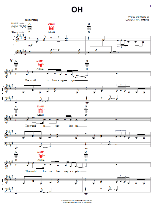 Dave Matthews Oh sheet music notes and chords arranged for Piano, Vocal & Guitar Chords (Right-Hand Melody)