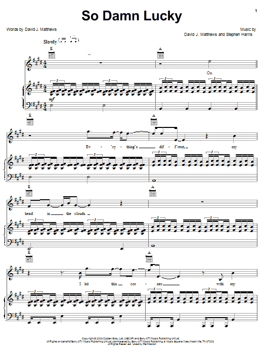 Dave Matthews So Damn Lucky sheet music notes and chords arranged for Piano, Vocal & Guitar Chords (Right-Hand Melody)