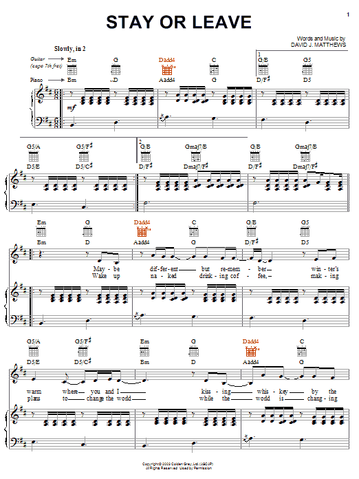 Dave Matthews Stay or Leave sheet music notes and chords arranged for Guitar Tab