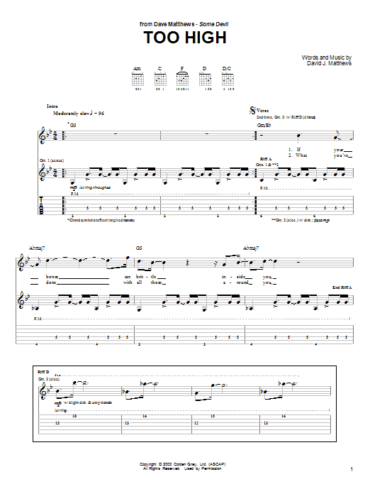 Dave Matthews Too High sheet music notes and chords arranged for Piano, Vocal & Guitar Chords (Right-Hand Melody)