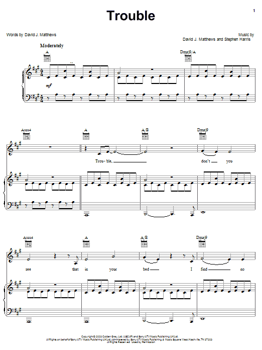 Dave Matthews Trouble sheet music notes and chords arranged for Piano, Vocal & Guitar Chords (Right-Hand Melody)