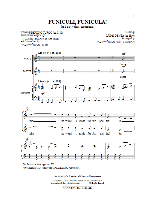 Dave Perry Funiculi, Funicula sheet music notes and chords arranged for 2-Part Choir