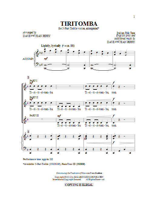 Dave Perry Tiritomba sheet music notes and chords arranged for 3-Part Treble Choir