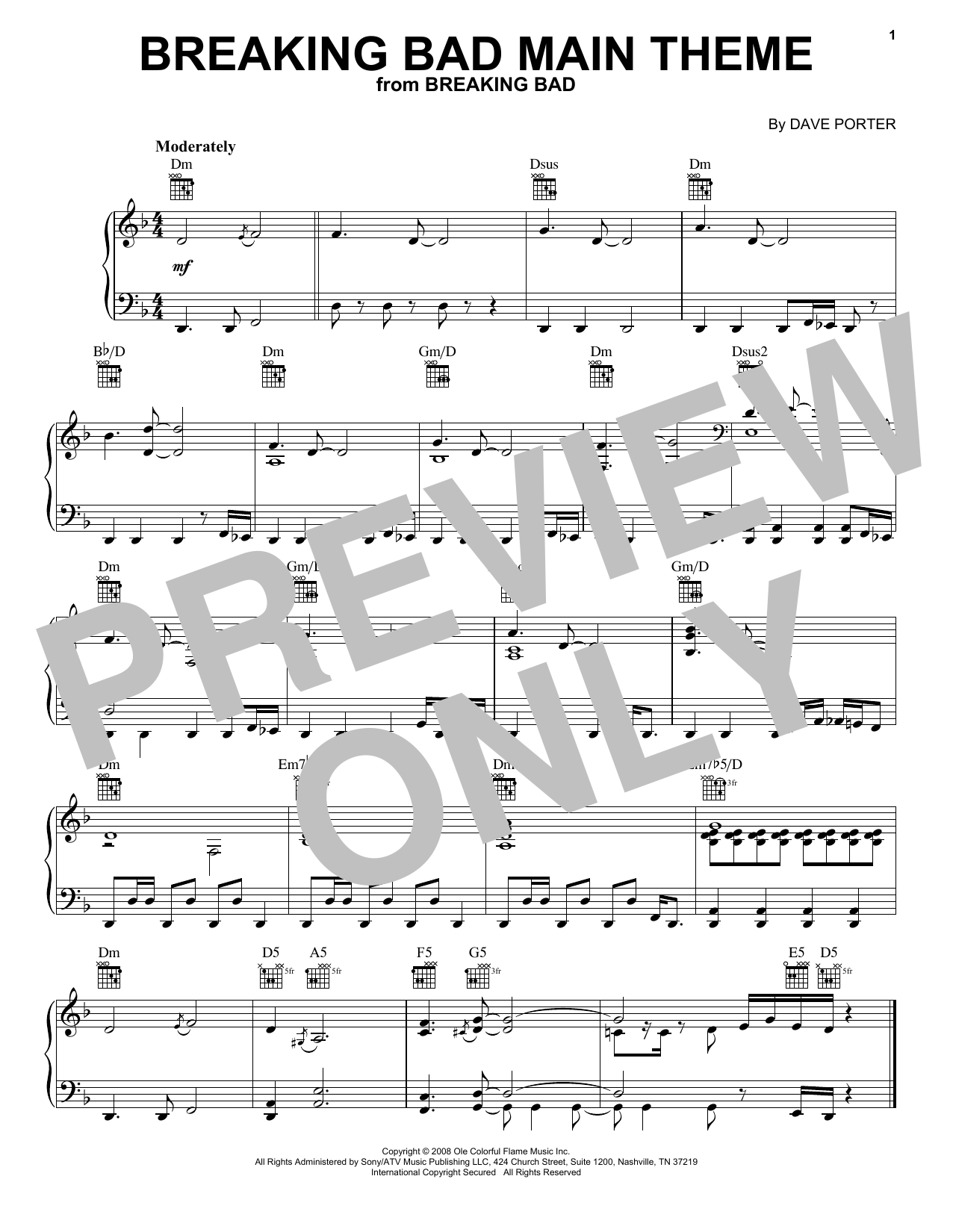 Dave Porter Breaking Bad Main Theme sheet music notes and chords arranged for Piano Solo