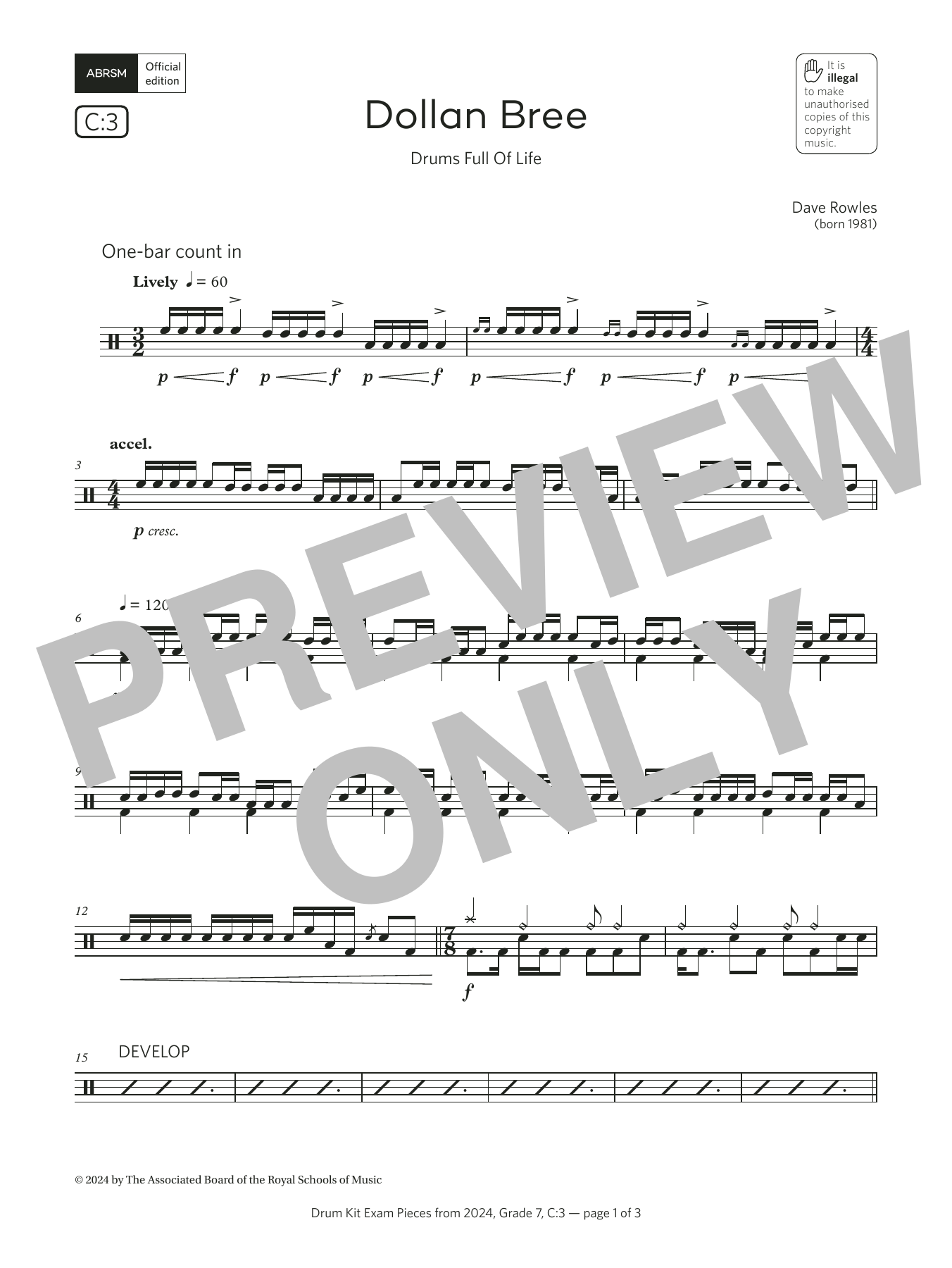 Dave Rowles Dollan Bree (Drums Full Of Life) (Grade 7, list C3, from the ABRSM Drum Kit Syllabus 2024) sheet music notes and chords arranged for Drums