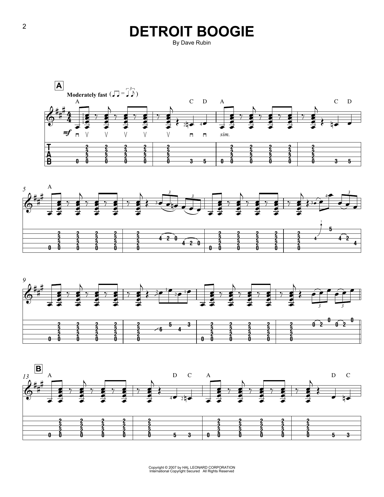 Dave Rubin Detroit Boogie sheet music notes and chords arranged for Easy Guitar Tab
