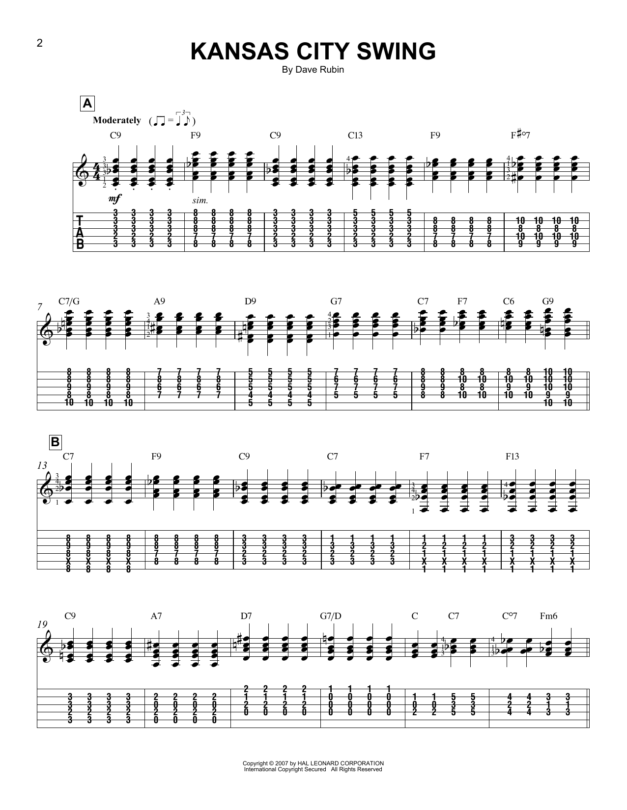 Dave Rubin Kansas City Swing sheet music notes and chords arranged for Easy Guitar Tab