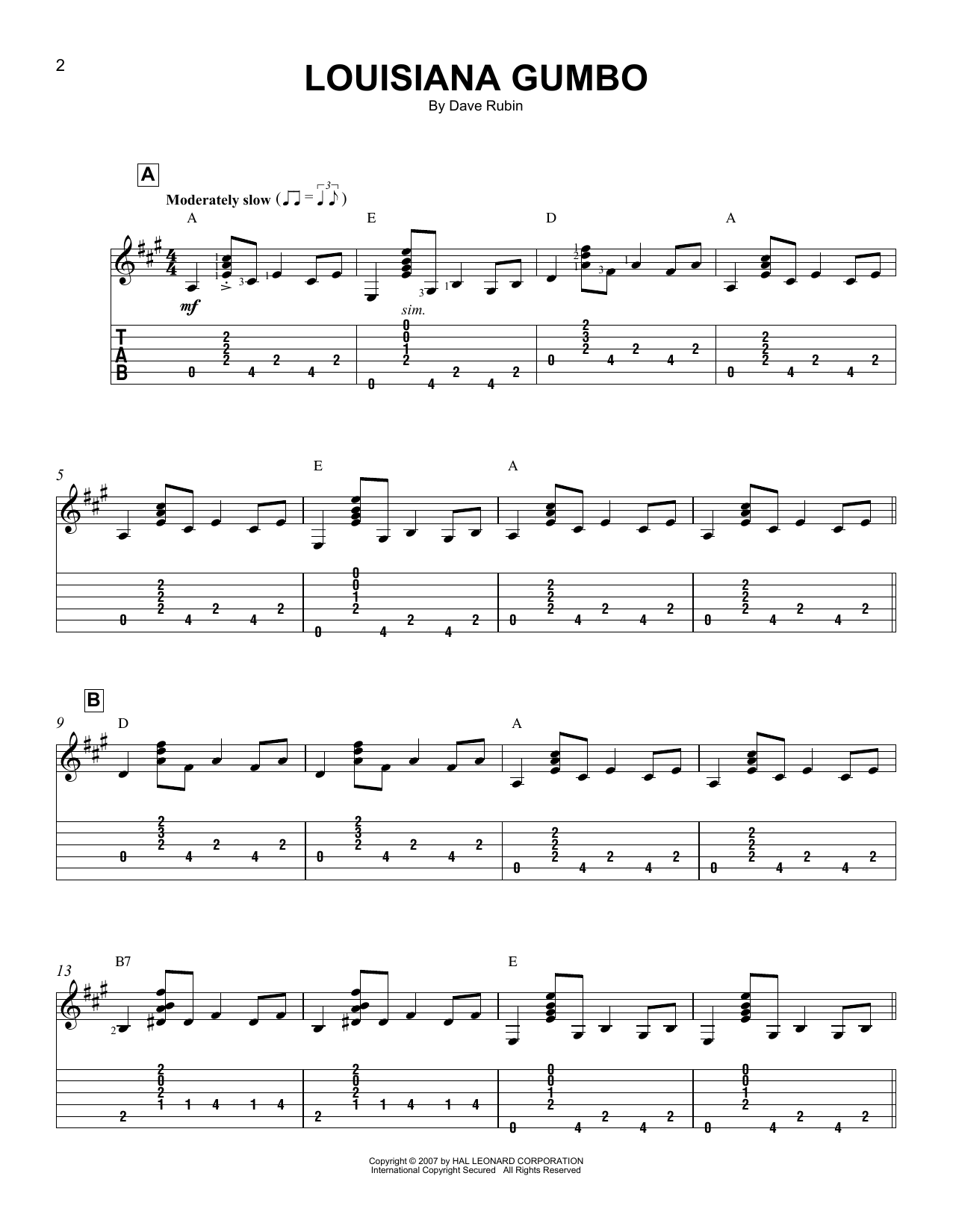 Dave Rubin Louisiana Gumbo sheet music notes and chords arranged for Easy Guitar Tab