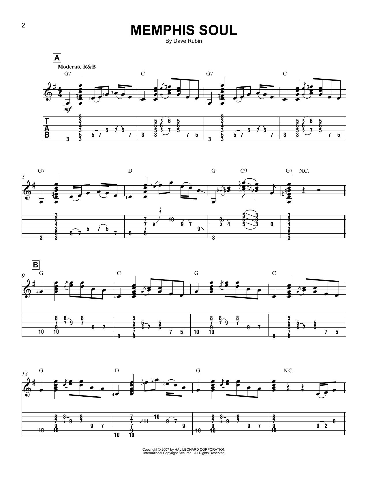 Dave Rubin Memphis Soul sheet music notes and chords arranged for Easy Guitar Tab