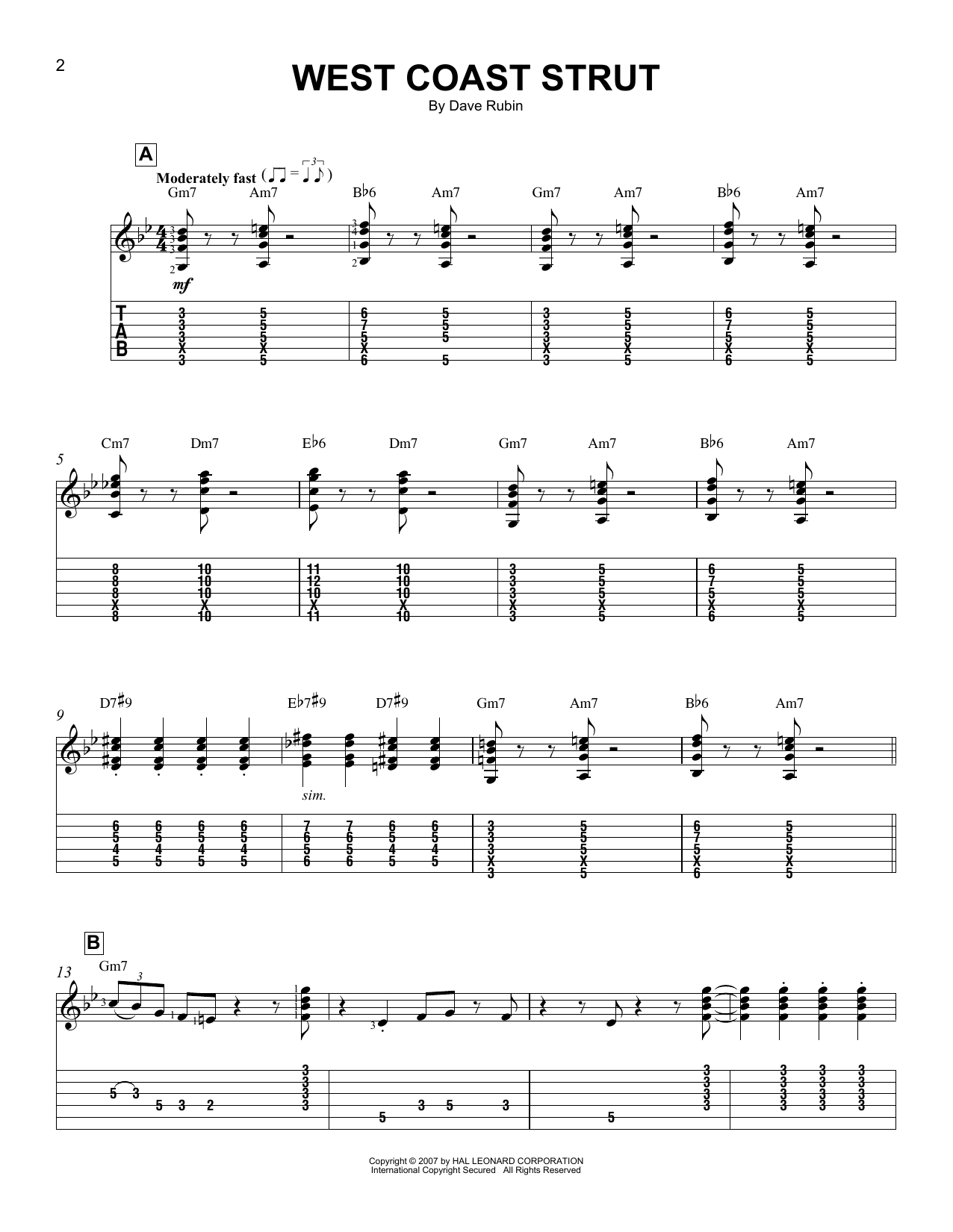 Dave Rubin West Coast Strut sheet music notes and chords arranged for Easy Guitar Tab
