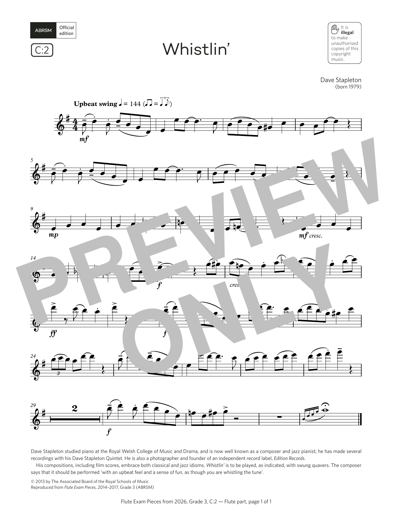 Dave Stapleton Whistlin' (Grade 3, list C2, from the ABRSM Flute Syllabus from 2026) sheet music notes and chords arranged for Flute Solo