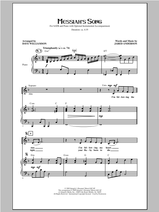 Dave Williamson Messiah's Song sheet music notes and chords arranged for SATB Choir