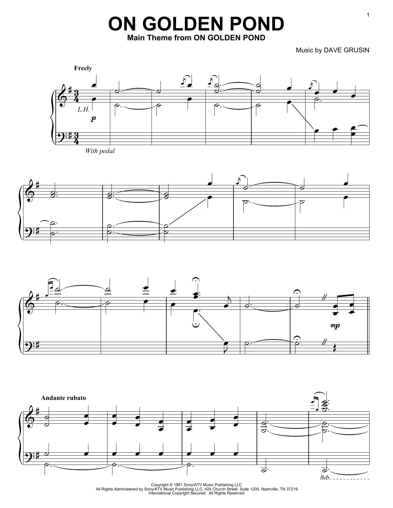 Dave Grusin On Golden Pond sheet music notes and chords arranged for Piano Solo