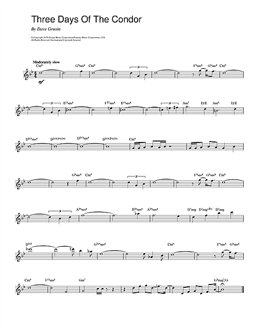 Dave Grusin Three Days Of The Condor sheet music notes and chords arranged for Lead Sheet / Fake Book