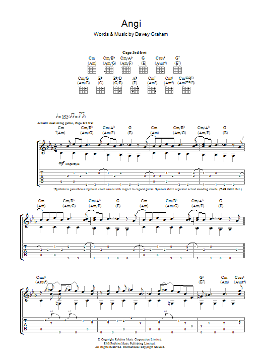 Davey Graham Angi sheet music notes and chords arranged for Guitar Chords/Lyrics