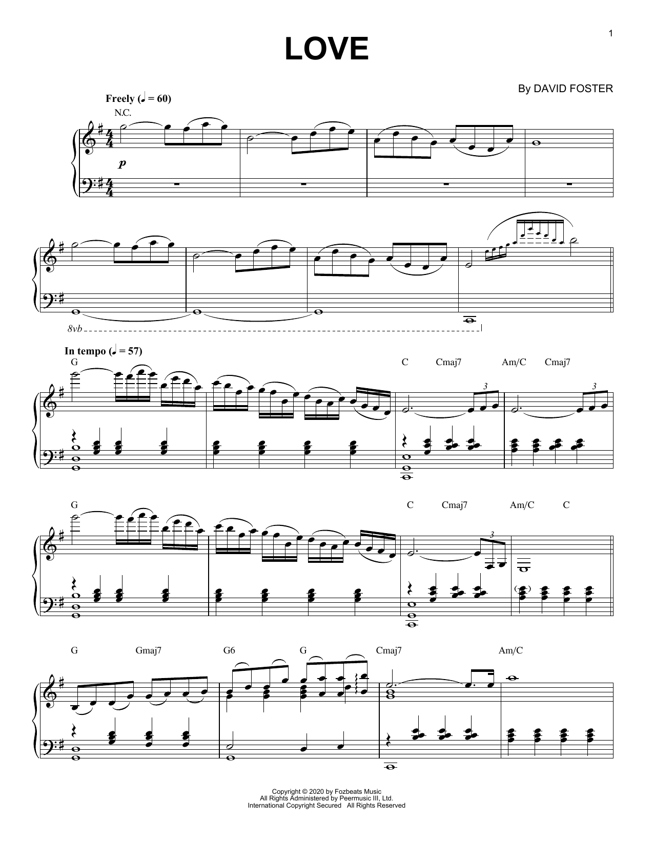 David Foster Love sheet music notes and chords arranged for Easy Piano