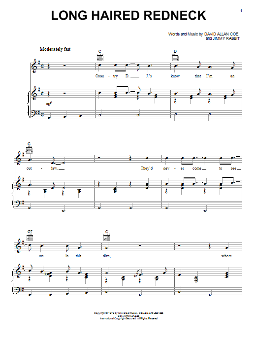 David Allan Coe Long Haired Redneck sheet music notes and chords arranged for Piano, Vocal & Guitar Chords (Right-Hand Melody)