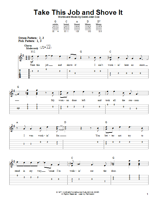 David Allan Coe Take This Job And Shove It sheet music notes and chords arranged for Easy Piano
