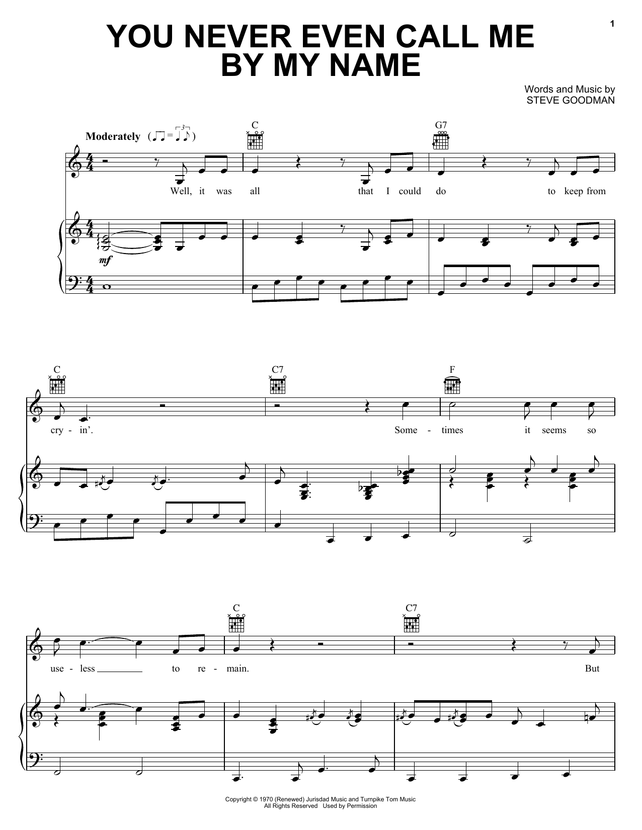 David Allan Coe You Never Even Call Me By My Name sheet music notes and chords arranged for Piano, Vocal & Guitar Chords (Right-Hand Melody)