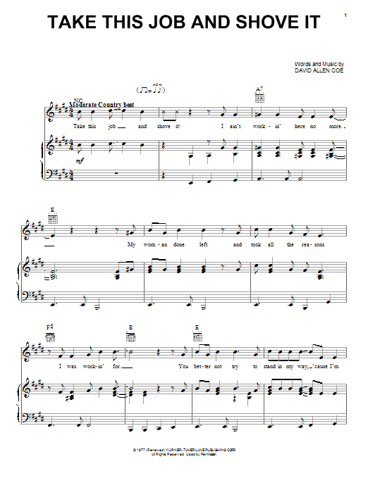 David Allen Coe Take This Job And Shove It sheet music notes and chords arranged for Piano, Vocal & Guitar Chords (Right-Hand Melody)
