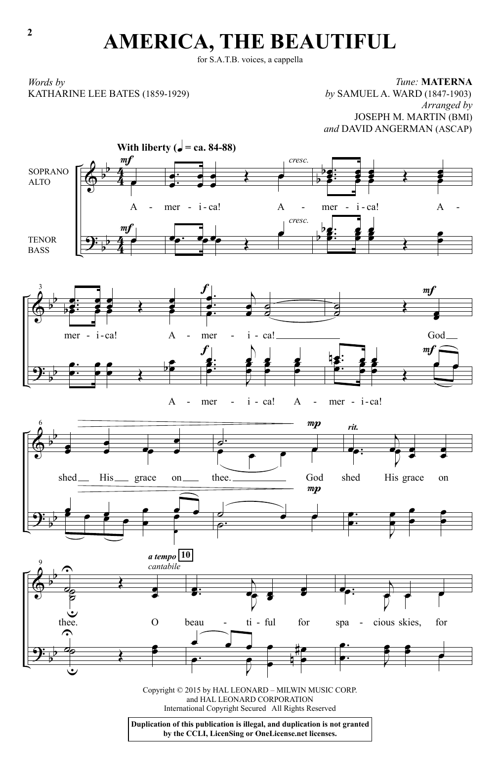 David Angerman America, The Beautiful sheet music notes and chords arranged for SATB Choir