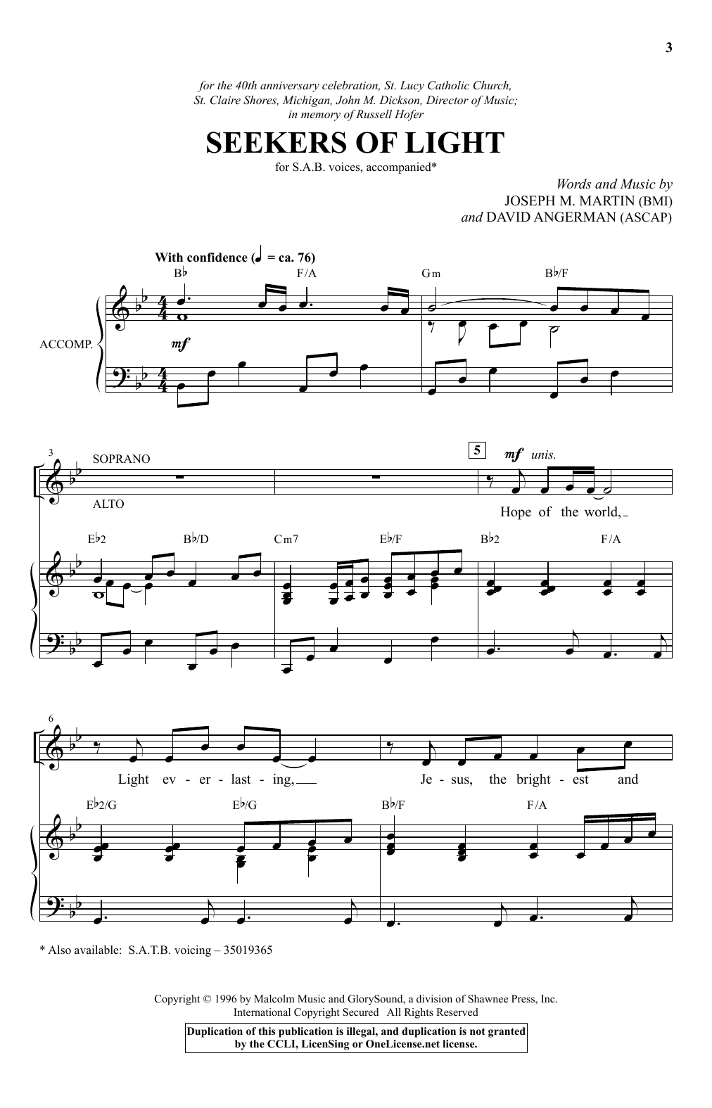 David Angerman Seekers Of Light sheet music notes and chords arranged for SAB Choir