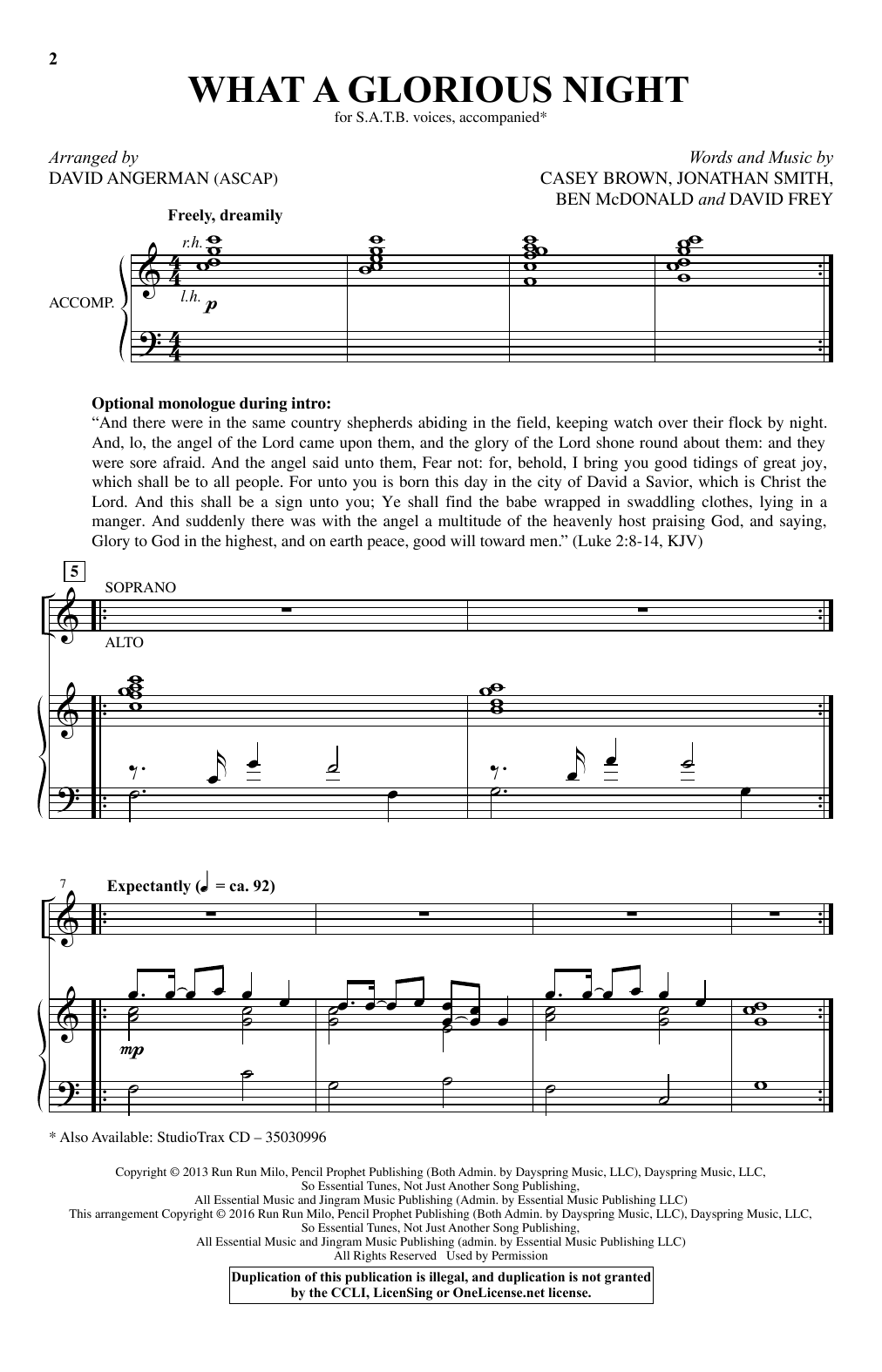 David Angerman What A Glorious Night sheet music notes and chords arranged for SATB Choir
