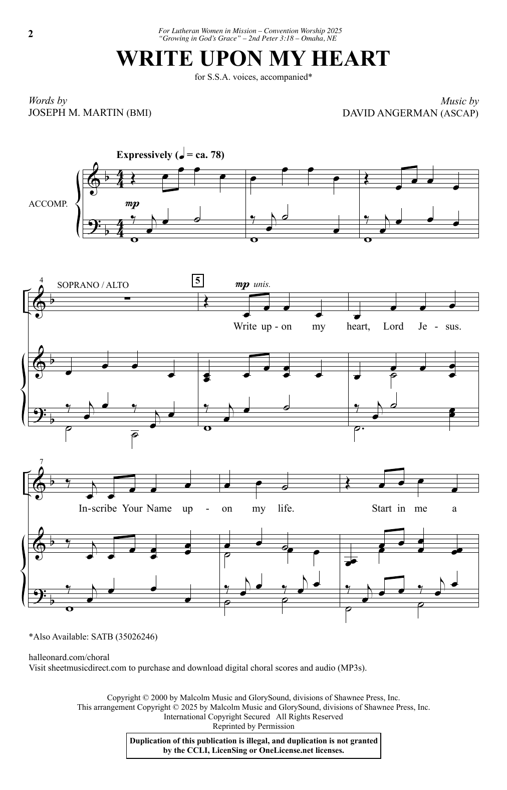 David Angerman Write Upon My Heart sheet music notes and chords arranged for SSA Choir