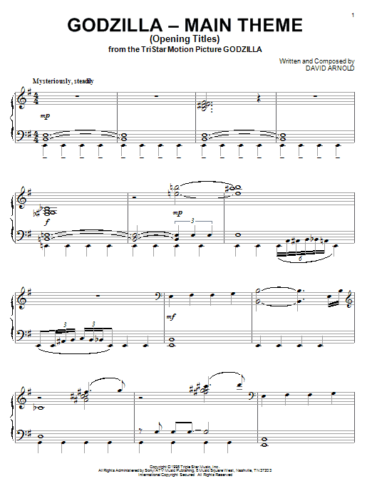 David Arnold Godzilla - Main Theme (Opening Titles) sheet music notes and chords arranged for Piano Solo