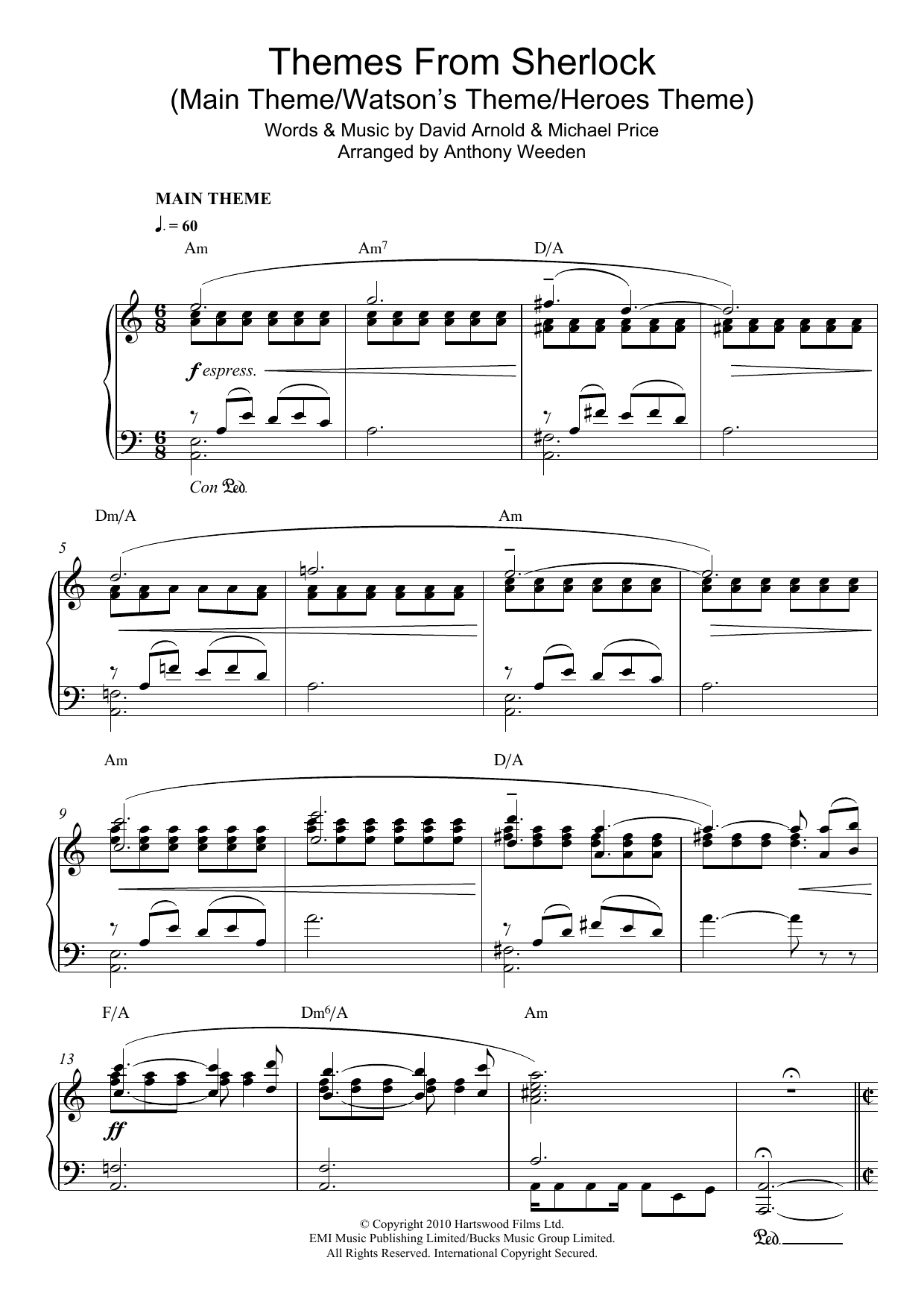 David Arnold Themes From Sherlock (Main Theme/Watson's Theme/Heroes Theme) sheet music notes and chords arranged for Piano Solo