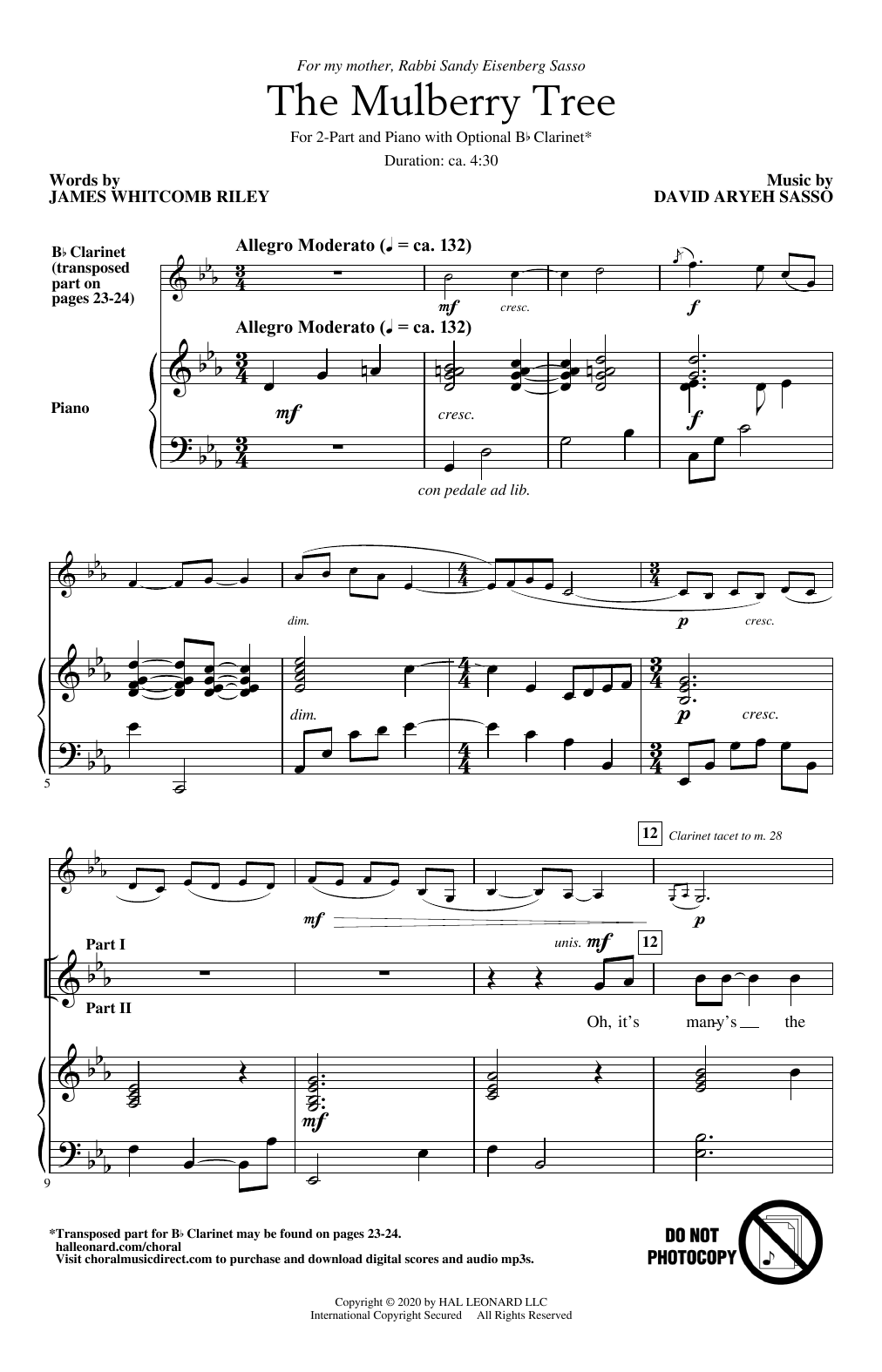 David Aryeh Sasso The Mulberry Tree sheet music notes and chords arranged for 2-Part Choir