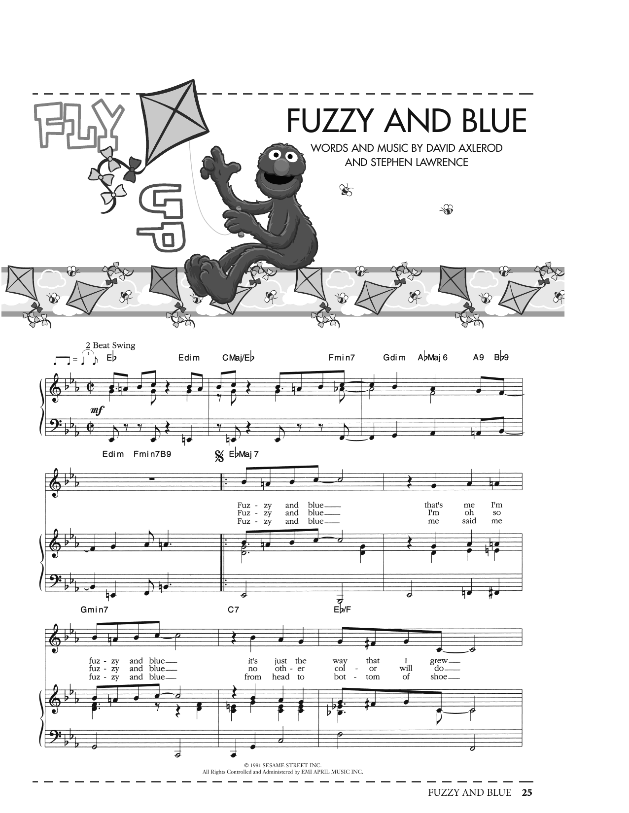 David Axlerod Fuzzy And Blue (from Sesame Street) sheet music notes and chords arranged for Piano, Vocal & Guitar Chords (Right-Hand Melody)