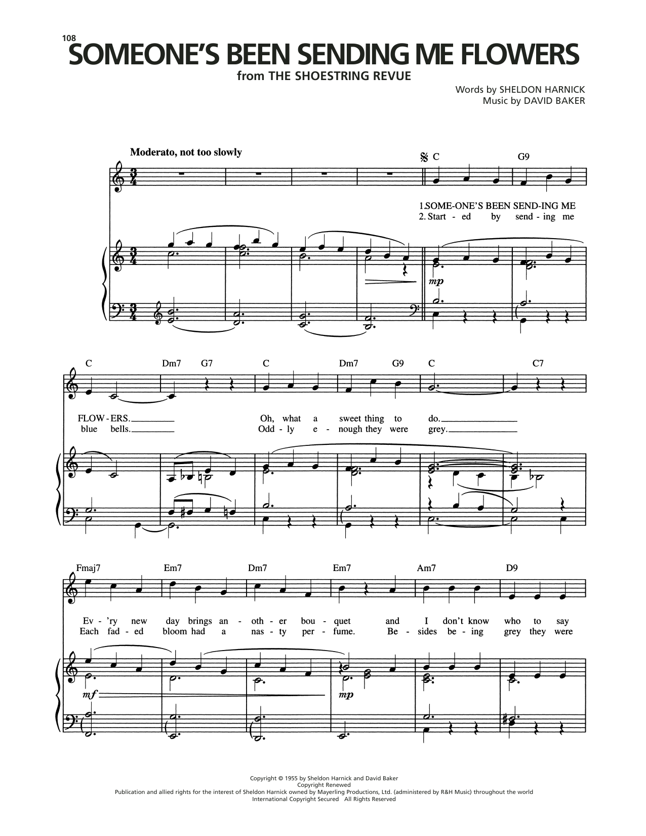 David Baker Someone's Been Sending Me Flowers (from Shoestring Revue) sheet music notes and chords arranged for Piano, Vocal & Guitar Chords (Right-Hand Melody)