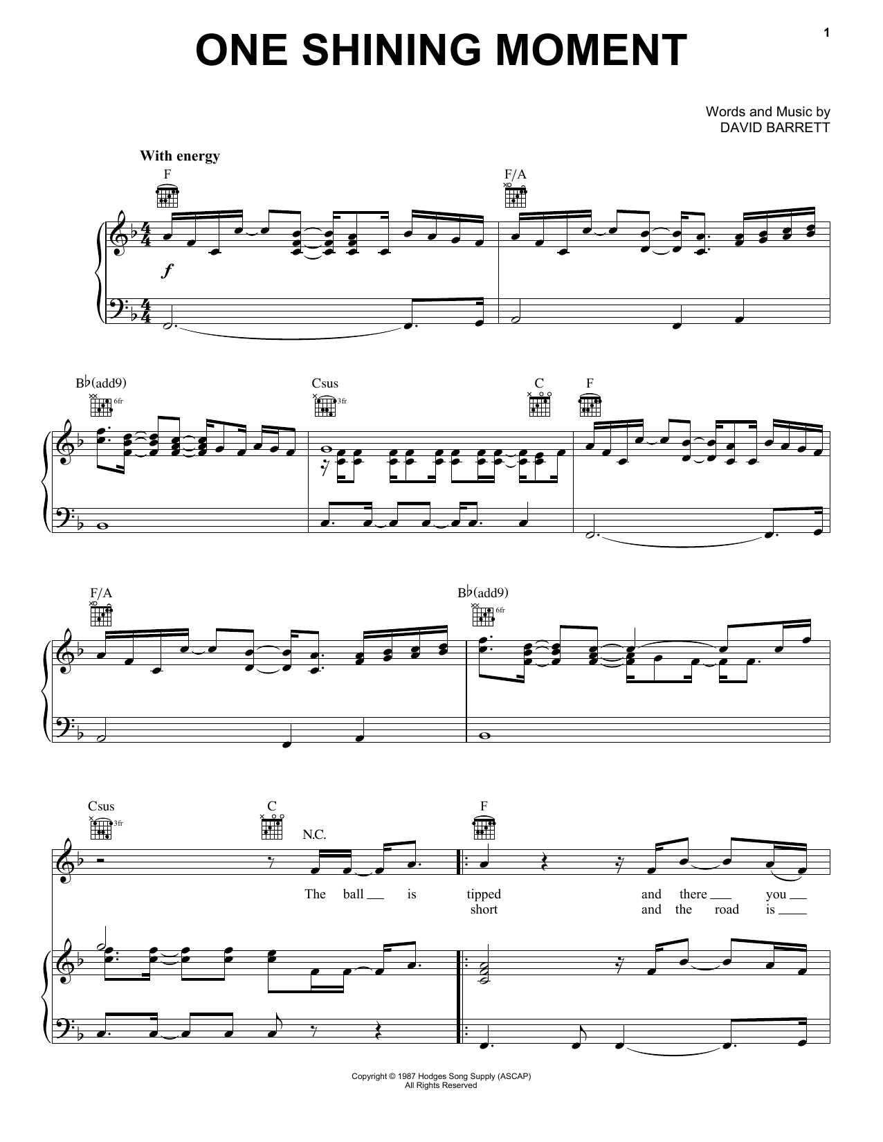 David Barrett One Shining Moment (Theme from the CBS NCAA Championship Series) sheet music notes and chords arranged for Piano, Vocal & Guitar Chords (Right-Hand Melody)