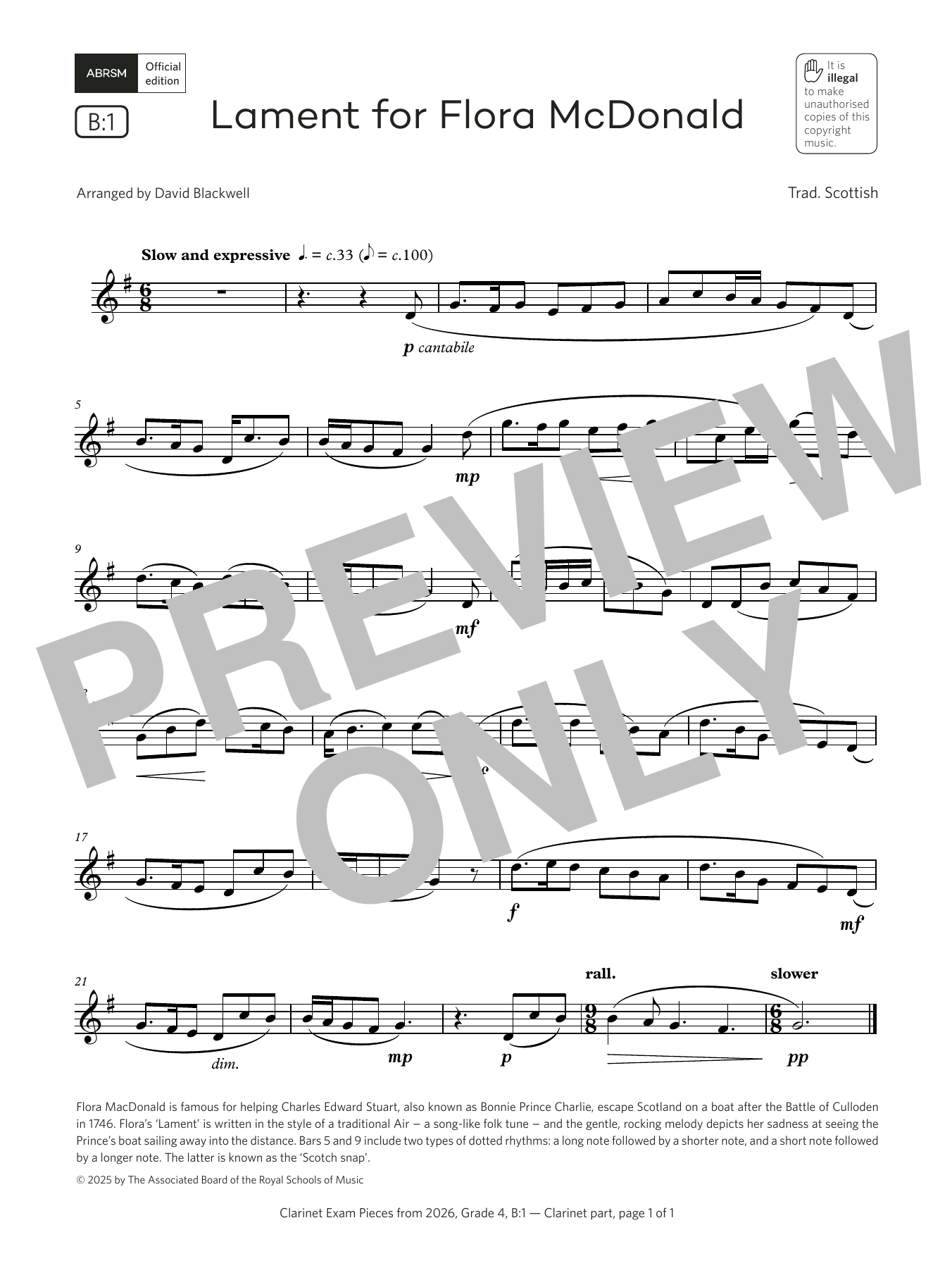 David Blackwell Lament for Flora McDonald (Grade 4, list B1, from the ABRSM Clarinet Syllabus from 2026) sheet music notes and chords arranged for Clarinet Solo