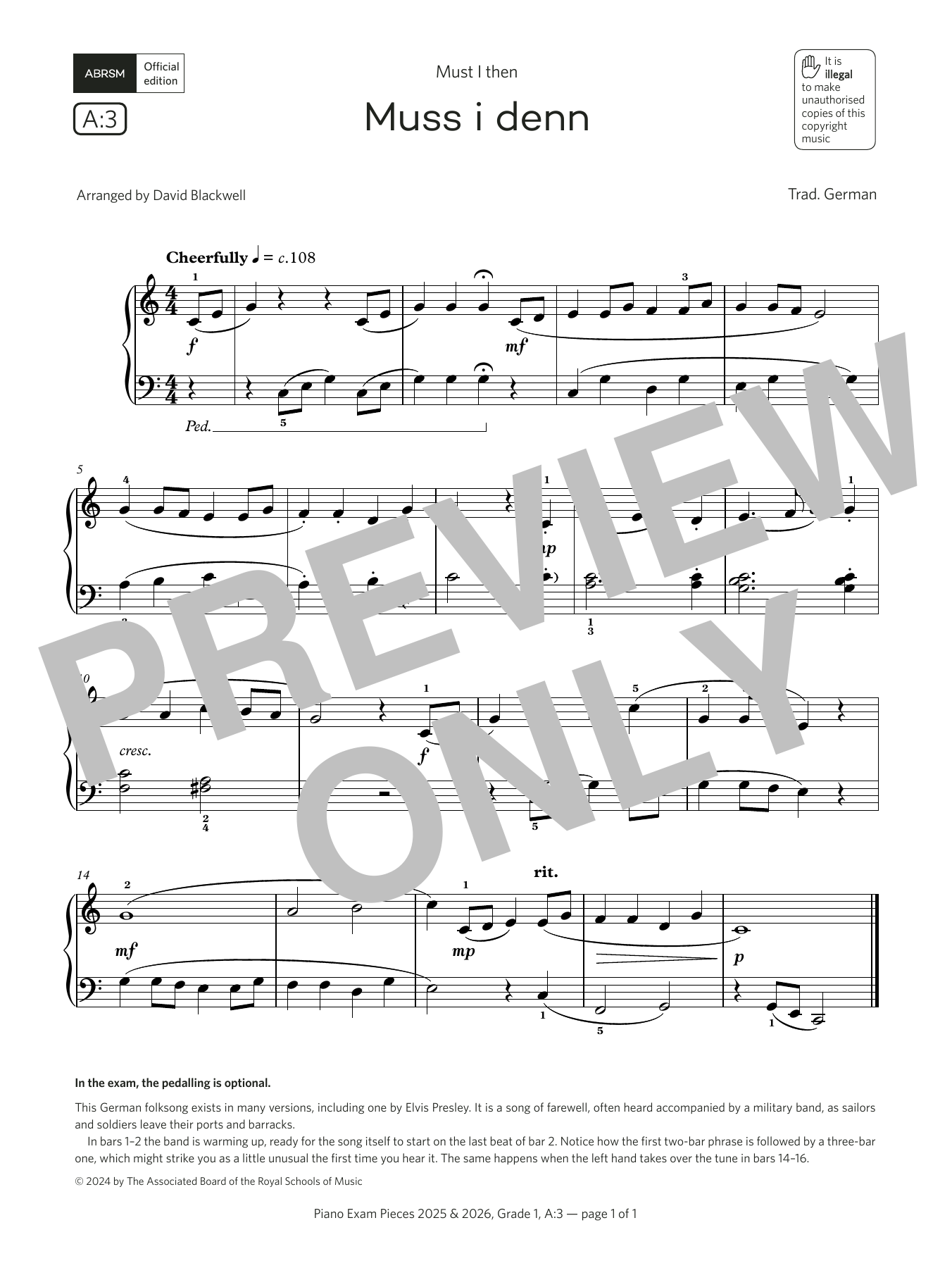 David Blackwell Muss i denn (Grade 1, list A3, from the ABRSM Piano Syllabus 2025 & 2026) sheet music notes and chords arranged for Piano Solo