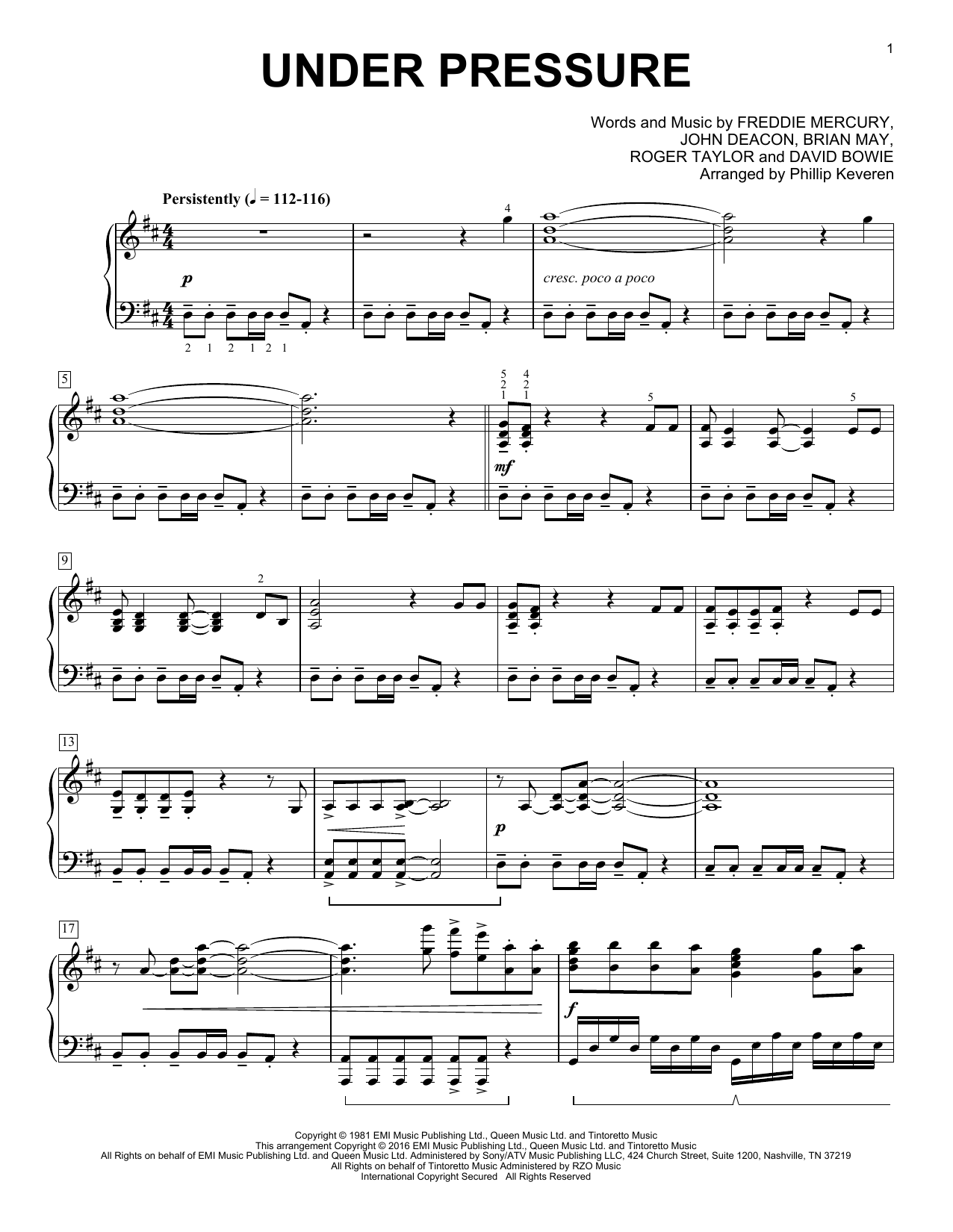 David Bowie & Queen Under Pressure [Classical version] (arr. Phillip Keveren) sheet music notes and chords arranged for Piano Solo