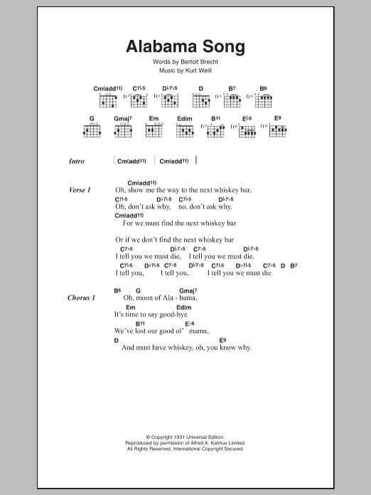 David Bowie Alabama Song sheet music notes and chords arranged for Guitar Chords/Lyrics