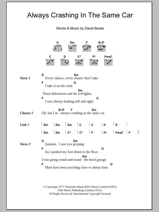 David Bowie Always Crashing In The Same Car sheet music notes and chords arranged for Guitar Chords/Lyrics