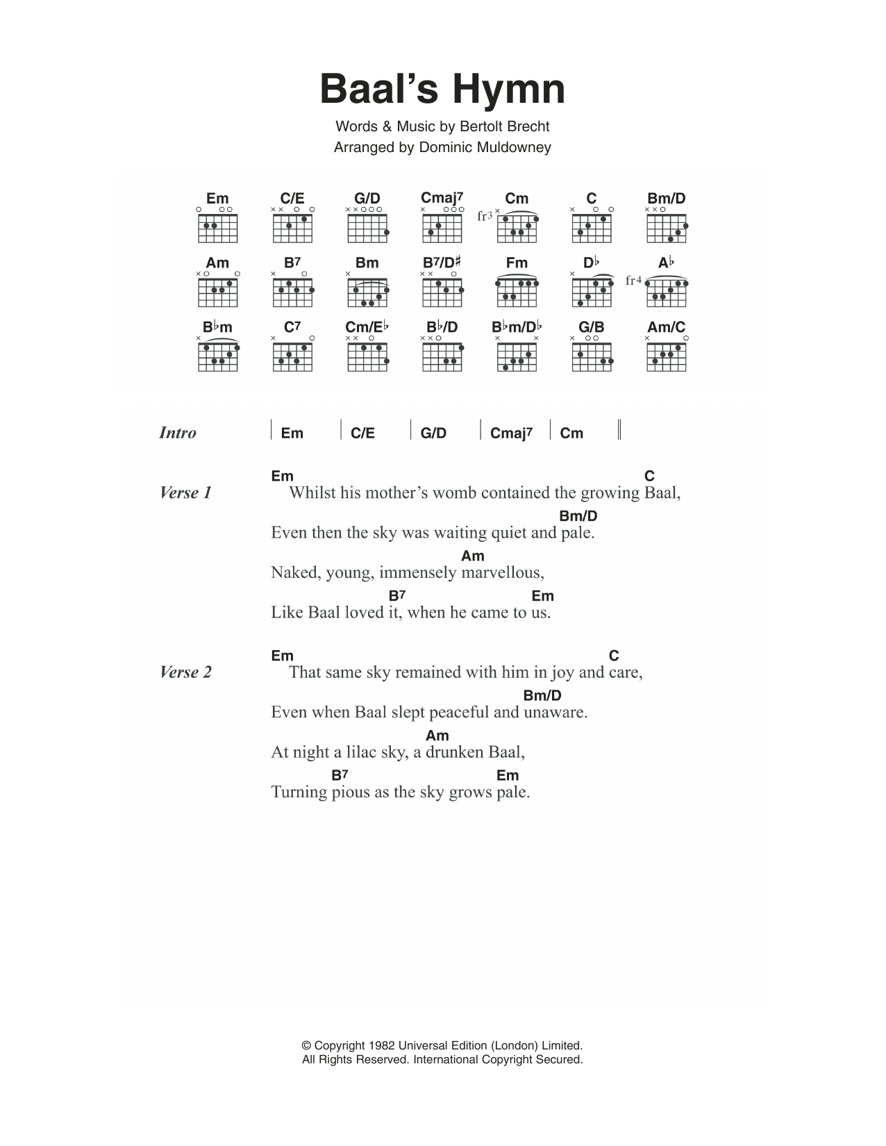 David Bowie Baal's Hymn sheet music notes and chords arranged for Guitar Chords/Lyrics