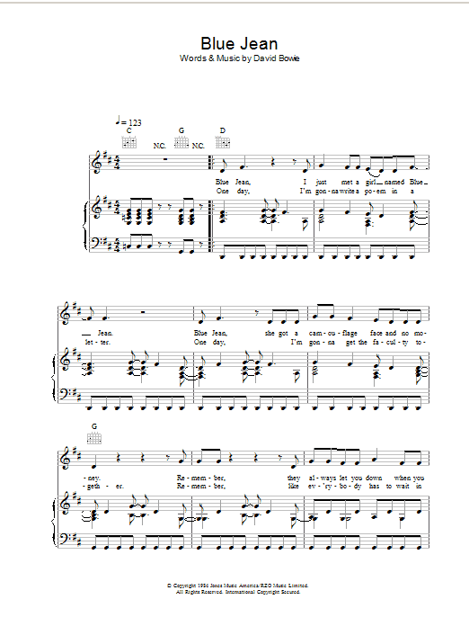 David Bowie Blue Jean sheet music notes and chords arranged for Piano, Vocal & Guitar Chords (Right-Hand Melody)