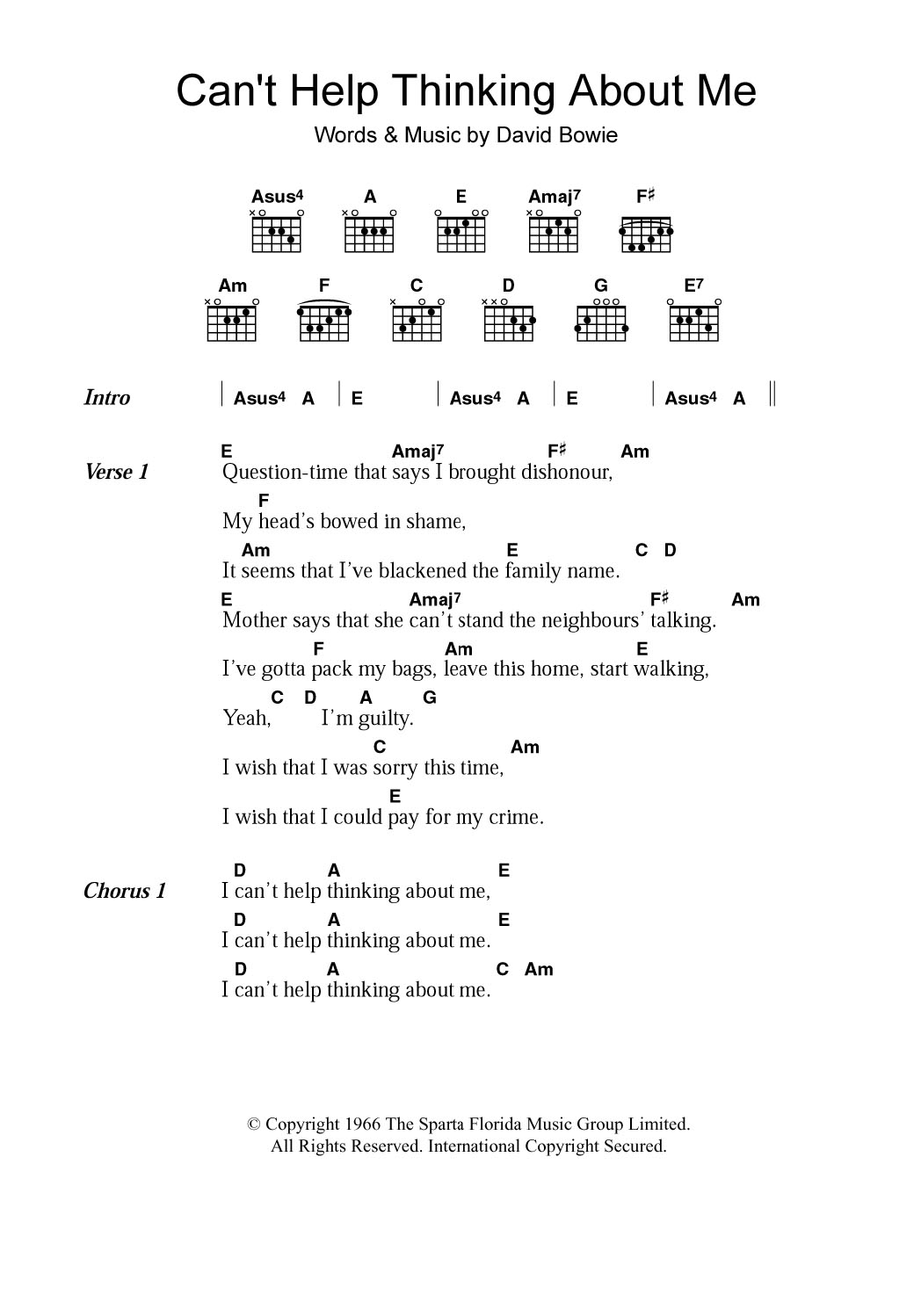 David Bowie Can't Help Thinking About Me sheet music notes and chords arranged for Guitar Chords/Lyrics